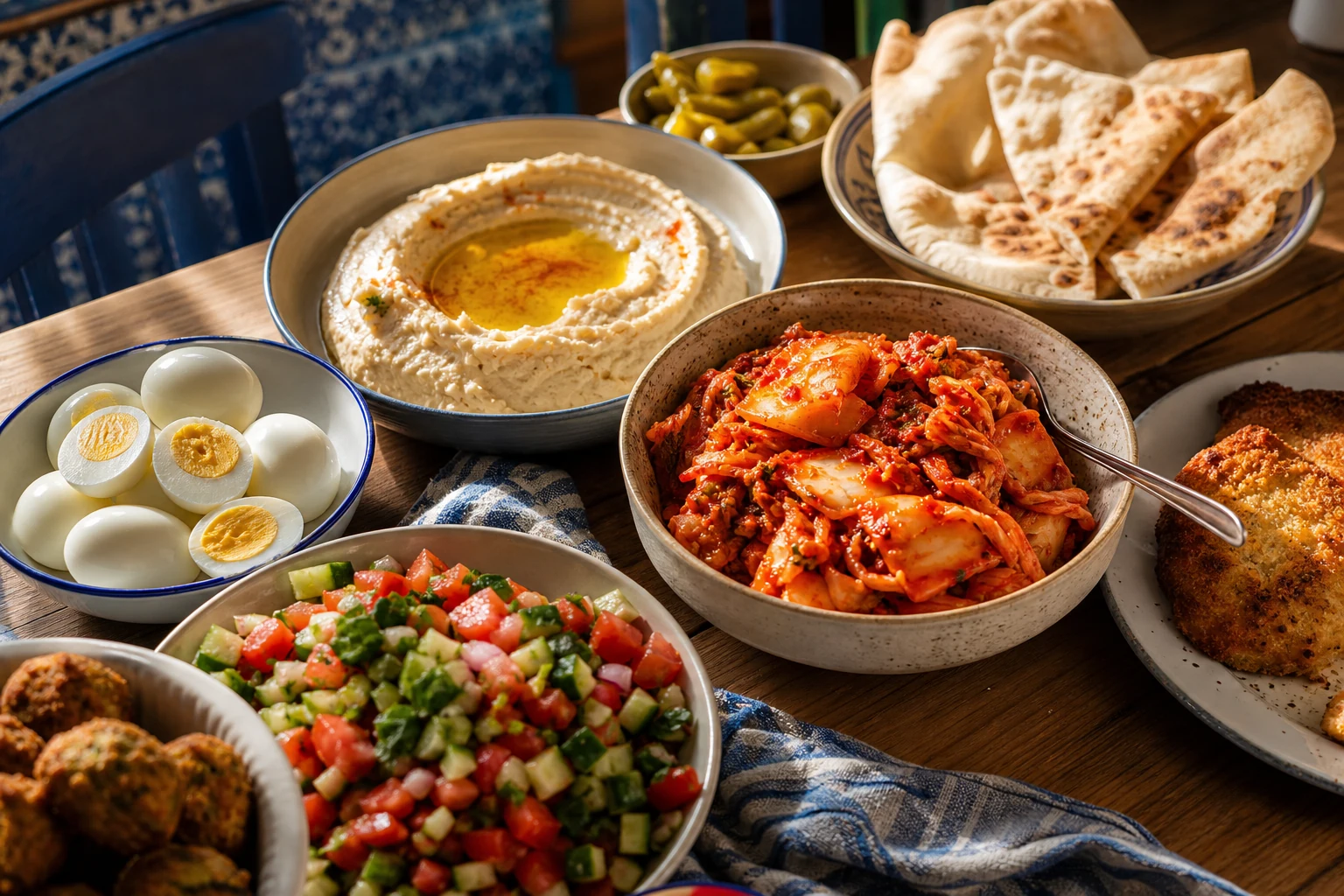 Chunky napa-cabbage kimchi served beside hummus, pita, Israeli salad, eggs, falafel and schnitzel