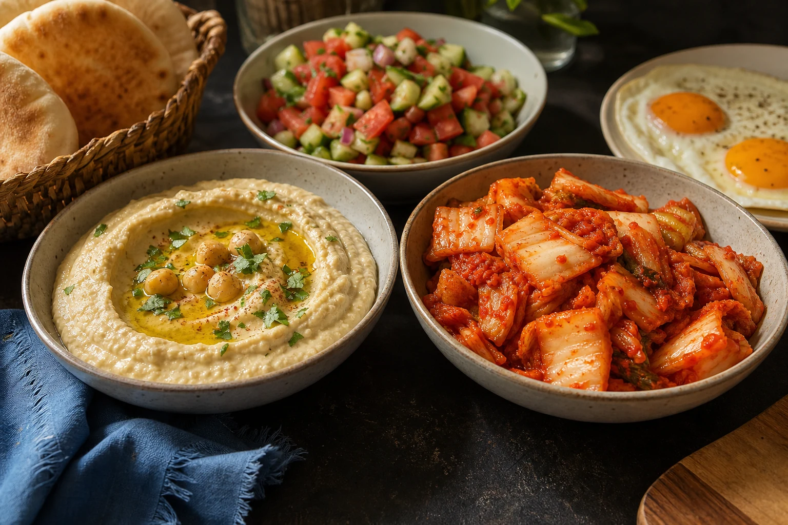 Chunky napa-cabbage kimchi and hummus served as equal staples on an Israeli table